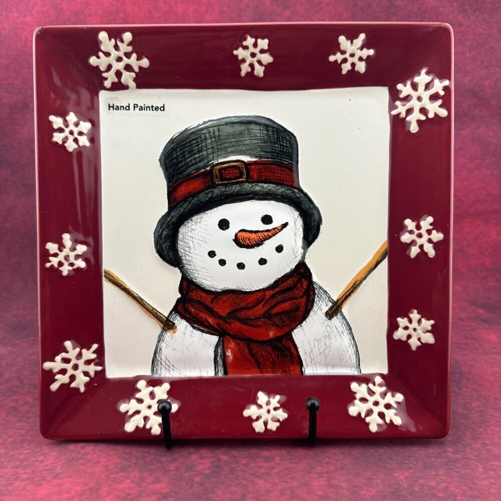ST. NICHOLAS SQUARE YULETIDE SNOWMAN PLATE HOLIDAY CHRISTMAS STONEWARE, 8.5 inch